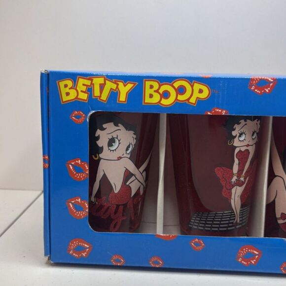 Betty Boop Red Four 16 fl oz Pint Glasses Original Box Printed Character Vintage - Picture 2 of 5